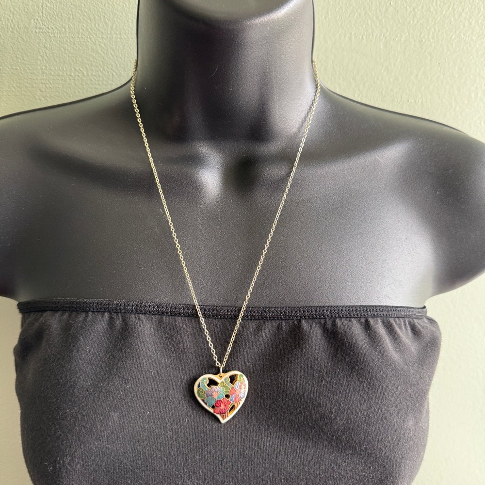 Cloisonne Heart Pendant Necklace with Floral Design
